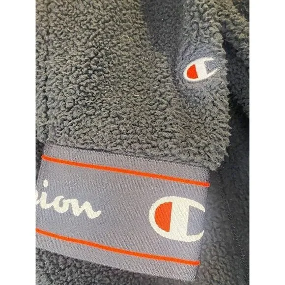 CHAMPION Fleece Sherpa‎ Hoodie SMALL Black BIG C-PATCH Pullover Elastic Bottom - Picture 5 of 5